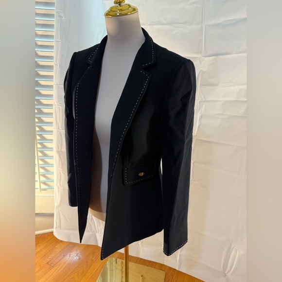 Tahari Black Blazer with White Thread Outline and Gold Piece on Pocket - Picture 2 of 7